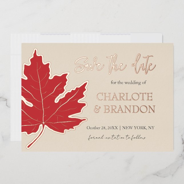 Invitación Con Relieve Metalizado Hoja de Arce de Otoño Rojo Boda Save The Date (Sobre)