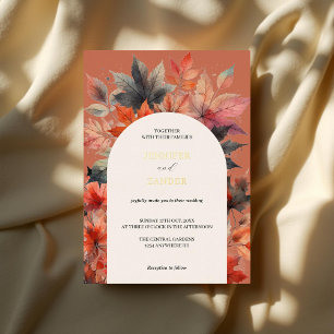 Invitación Con Relieve Metalizado Hoja de Arce Otoñal Flores Acuarela Elegantes 
