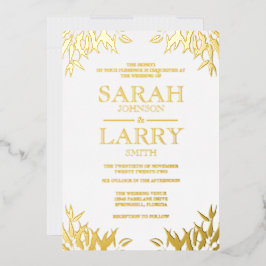 Invitación Con Relieve Metalizado Hoja de Eucalipto Elegante Dorado Boda Tradicional