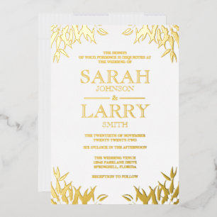 Invitación Con Relieve Metalizado Hoja de Eucalipto Elegante Dorado Boda Tradicional