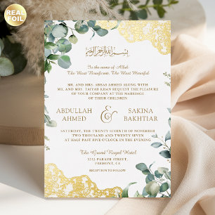 Invitación Con Relieve Metalizado Hoja de Eucalipto Encaje Dorado Código QR Boda Mus
