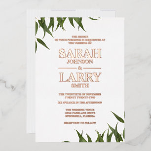 Invitación Con Relieve Metalizado Hoja de Goma y Boda Tradicional de Oro Elegante