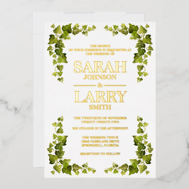 Invitación Con Relieve Metalizado Hoja de Hiedra y Oro Elegante Boda Tradicional
