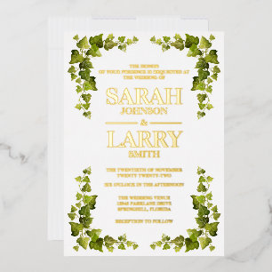 Invitación Con Relieve Metalizado Hoja de Hiedra y Oro Elegante Boda Tradicional