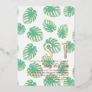 Invitación Con Relieve Metalizado Hoja de Monstera Botánica Moderna Prensada para Bo