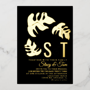 Invitación Con Relieve Metalizado Hoja de Monstera de línea boda prensada negra
