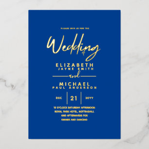 Invitación Con Relieve Metalizado HOJA DE ORO Azul Real Moderno Todo en 1 Hoja de Bo