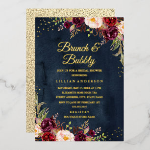 Invitación Con Relieve Metalizado HOJA DE ORO Brunch y burbujeante floral de color b