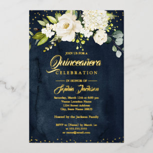 Invitación Con Relieve Metalizado HOJA DE ORO Flor de oro azul Quinceañera