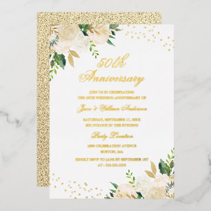 Invitación Con Relieve Metalizado HOJA DE ORO Floral 50 Aniversario