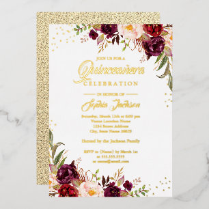 Invitación Con Relieve Metalizado HOJA DE ORO Floral Burgundy Quinceañera de Oro