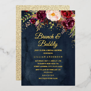 Invitación Con Relieve Metalizado HOJA DE ORO Floral Rojo Borgoña Brunch Y Burbujean