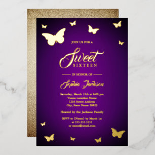 Invitación Con Relieve Metalizado HOJA DE ORO Mariposa Morada Dulce 16 Dorado