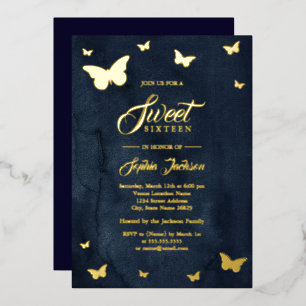 Invitación Con Relieve Metalizado HOJA DE ORO Mariposa Navy Dulces 16 Oro