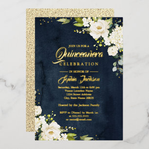 Invitación Con Relieve Metalizado HOJA DE ORO REAL Quinceañera Oro Azul