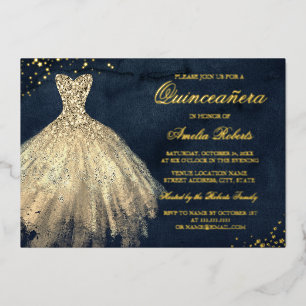 Invitación Con Relieve Metalizado HOJA DE ORO Vestido de Quinceañera de brillo dorad