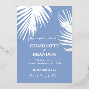 Invitación Con Relieve Metalizado Hoja de Palma Tropical Plateada Azul Boda