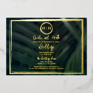 Invitación Con Relieve Metalizado Hoja de Palma Verde Boda Tropical Dorado