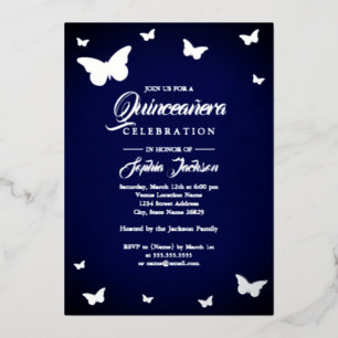 Invitación Con Relieve Metalizado HOJA DE PLATA Quinceañera Mariposa Navy