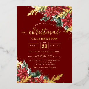Invitación Con Relieve Metalizado Hoja Roja Hoja de Oro Alegre Fiesta de Navidad