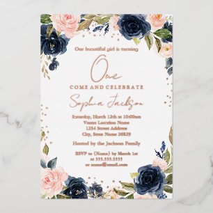 Invitación Con Relieve Metalizado HOJALATA DE ORO ROSA Navy Blush 1er Cumpleaños de