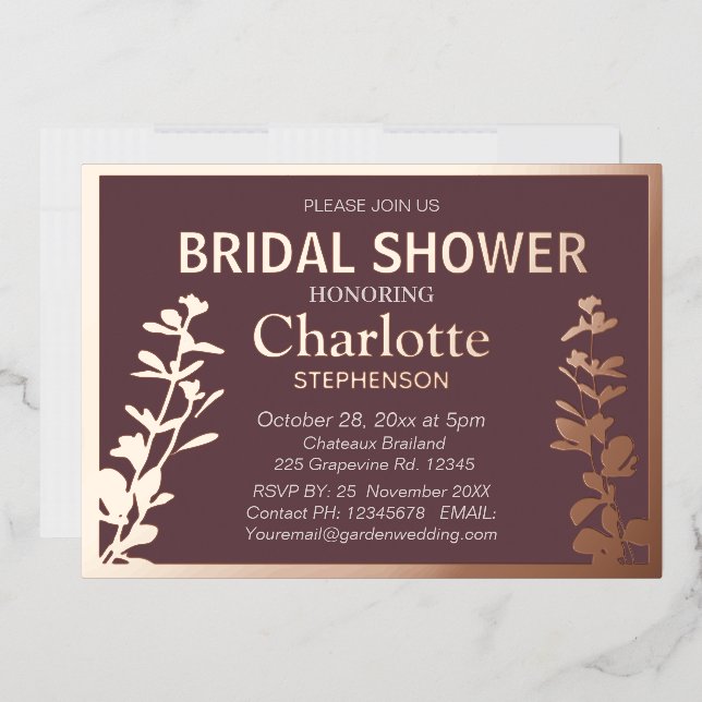 Invitación Con Relieve Metalizado  Hojas Botánicas Modernas Despedida de Soltera     (Sobre)