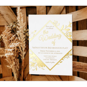 Invitación Con Relieve Metalizado Hojas clásicas de blanco y oro