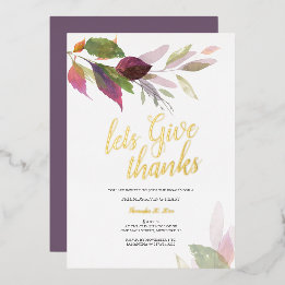 Invitación Con Relieve Metalizado Hojas de Acción de Gracias Acuarela Rústica Campes