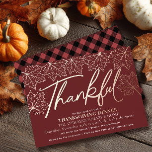 Invitación Con Relieve Metalizado Hojas de Acción de Gracias de Otoño Rojo Moderno A