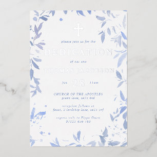 Invitación Con Relieve Metalizado Hojas de Acuarela Azul Dedicación y Bautizo de Beb