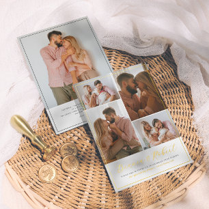 Invitación Con Relieve Metalizado Hojas de Aluminio Reales   5 Fotos de Boda Elegant