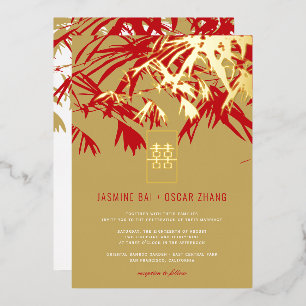Invitación Con Relieve Metalizado Hojas de Bambú Doble Xi Bodas Chinas de Oro y Rojo