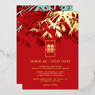 Invitación Con Relieve Metalizado Hojas de bambú zen rojo y turquesa Boda china
