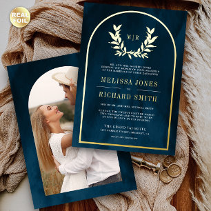 Invitación Con Relieve Metalizado Hojas de Corona de Laurel Océano Azul Boda Dorado