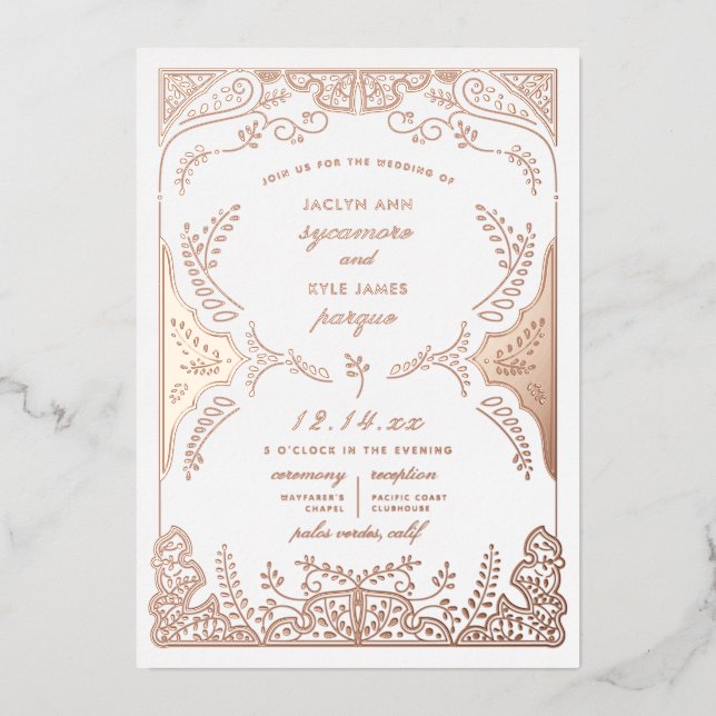 Invitación Con Relieve Metalizado Hojas de desplazamiento Boda Rosa de oro caprichos (Anverso)