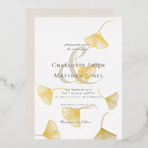 Invitación Con Relieve Metalizado Hojas de Ginkgo doradas cayendo Boda elegante