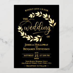 Invitación Con Relieve Metalizado Hojas de Oro Elegantes en Boda Negra y Clásica