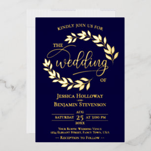 Invitación Con Relieve Metalizado Hojas de oro elegantes sobre azul marino Boda eleg