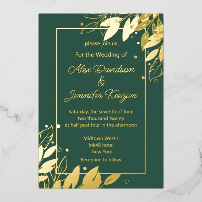 Invitación Con Relieve Metalizado hojas de oro verde esmeralda boda de moda botánica (Anverso )