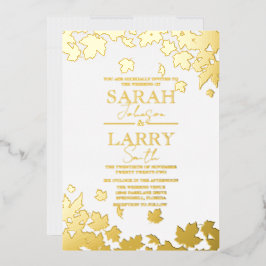Invitación Con Relieve Metalizado Hojas de Otoño Elegante Boda Tradicional Dorada