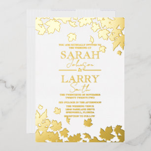 Invitación Con Relieve Metalizado Hojas de Otoño Elegante Boda Tradicional Dorada