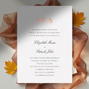Invitación Con Relieve Metalizado Hojas de Otoño Formal Moderno Clásico Boda Blanca