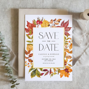 Invitación Con Relieve Metalizado Hojas de Otoño Marco Código QR de Fecha de Guardad