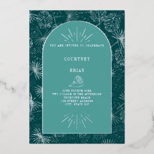 Invitación Con Relieve Metalizado Hojas de palma concha teal boda tropical de playa