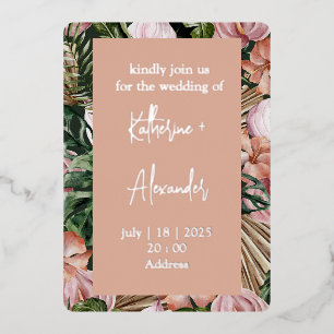 Invitación Con Relieve Metalizado Hojas de palma de selva flores de selva tropical r