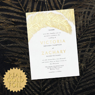Invitación Con Relieve Metalizado Hojas de Palma de Verano Tropical Bodas Oro