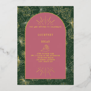 Invitación Con Relieve Metalizado Hojas de Palma Rosadas + Boda de Playa Verde