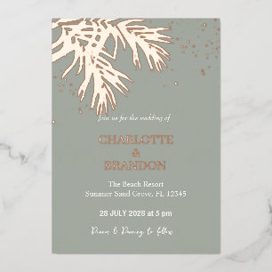 Invitación Con Relieve Metalizado Hojas de Palma Tropical Salvia Boda Dorado