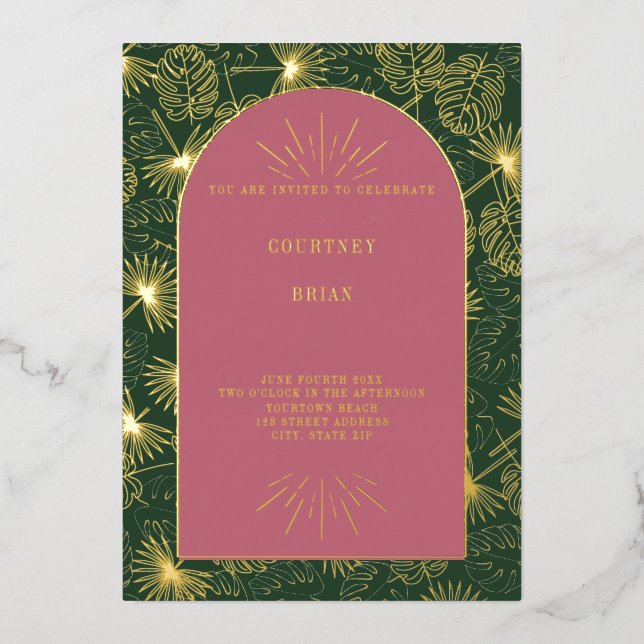 Invitación Con Relieve Metalizado Hojas de palmera rosadas + Boda de playa verde (Anverso)