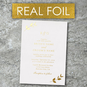 Invitación Con Relieve Metalizado Hojas de pan de oro reales Monograma elegante boda
